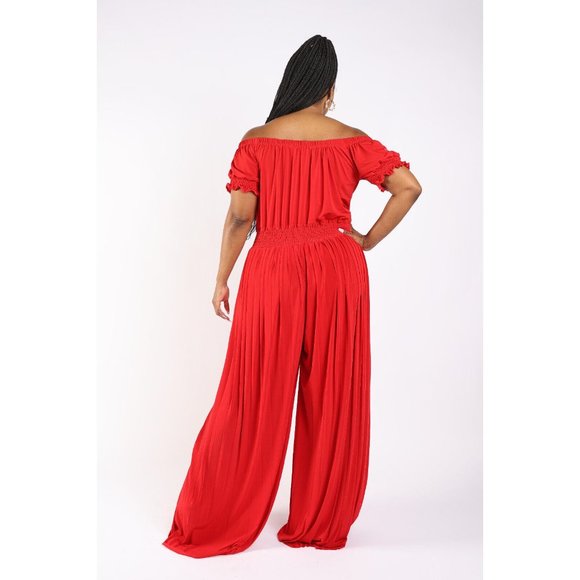 Women's Pleated off Shoulder Jumpsuit Plus Size 1X 2X 3X BLACK RED - Picture 4 of 12